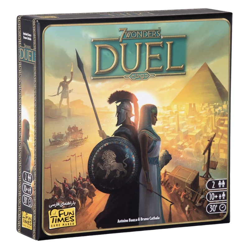 بازی فکری بردگیم استراتژی دونفره 7Wonders Duel با تاکتیک ساخت‌وساز، مزایده، سیستم سه شرط پیروزی، پیشرفت علمی و نظامی، شامل 66 کارت دوران، 12 کارت عجایب و دفترچه راهنما، مناسب بالای 10 سال