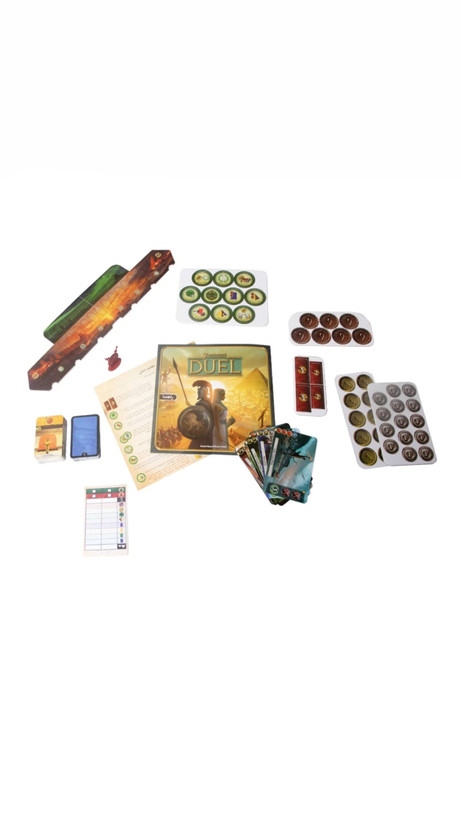 بازی فکری بردگیم استراتژی دونفره 7Wonders Duel با تاکتیک ساختوساز، مزایده، سیستم سه شرط پیروزی، پیشرفت علمی و نظامی، شامل 66 کارت دوران، 12 کارت عجایب و دفترچه راهنما، مناسب بالای 10 سال