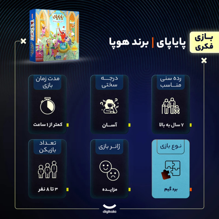 بازی فکری مزایده هوپا مدل پایاپای مناسب 2 تا 8 نفر، تقویت مهارت توجه و تمرکز، افزایش مهارتهای ارتباطی و حافظه، کارت مقوایی، مدت بازی کمتر از یک ساعت، درجه سختی آسان
